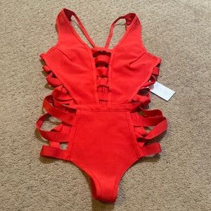 Red bandage one piece bathing suit